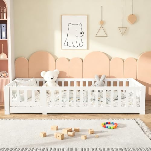 Yeutre Barnsäng på golvet 90 x 200 cm, barnsäng i trä med säkerhetsgrind och ribbotten, Montessori-sängram för pojkar och flickor, barn och spädbarn, lätt att montera