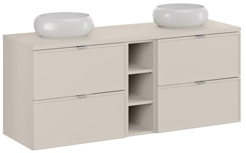 Lomadox Badezimmer Doppelwaschtisch 140 cm in Kaschmir mit 4 Schubladen, 3 Fächern & 2 Aufsatzbecken, Softclose, wandhängend