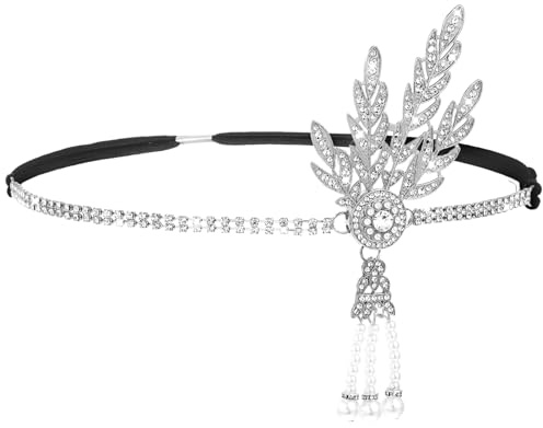 Yolev 1920's Flapper Headband Leaf Rhiestones Flapper Headpiece Pearl Tassel Head Bands Silver Headpiece Head Jewelry for Women Bride Wedding Parties Hair Headband Accessories