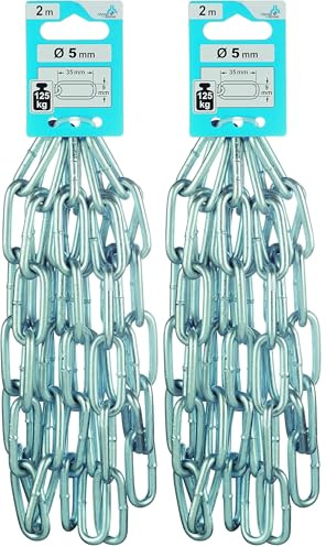 Dörner + Helmer Chaîne en acier rond, épaisseur 5 mm, longueur 2 m, acier galvanisé, maillons longs, capacité de charge 125 kg, argent (Lot de 2)
