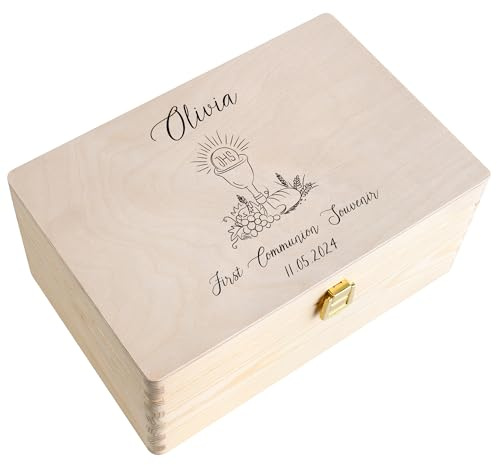Creative Deco Personnalisé Première Communion Confirmation Cadeau Boite | Boîte à Souvenirs en Bois pour Garçon et Fille | Personnalisés - Calice et Prière du Chapelet | Personnalisable Idée Coffret