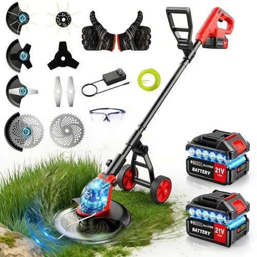 Lacoco Cortadora de césped inalámbrica con ruedas, 800 W, 12 pulgadas de ancho de corte, cortadora de césped eléctrica con batería de 2 x 3.0 Ah y cargador, cortador de césped, 4 tipos de cuchillas