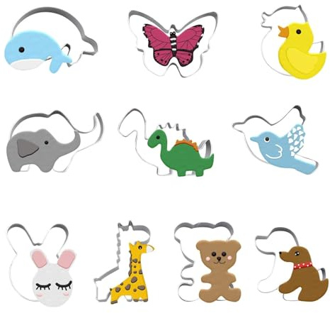 10Pcs Animal Cookie Cutters Set Stainless Steel, Sandwich Cutters for Kids, Dinosaur Rabbit Bear Elephant Giraffe Duck Shapes Biscuit Cutters, Baking Tools for Birthday Party DIY