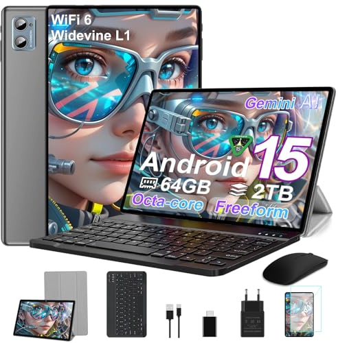 SUAAT Neueste Tablet 10 Zoll Android mit 20GB RAM+128GB ROM 1TB TF, WiFi 6, Bluetooth 5.0, 6000mAh, Dual Camera 8+5MP,1280 * 800, Cast, OTG, Type C, mit Hülle, Tastatur & Maus（ Tiefschwarz）