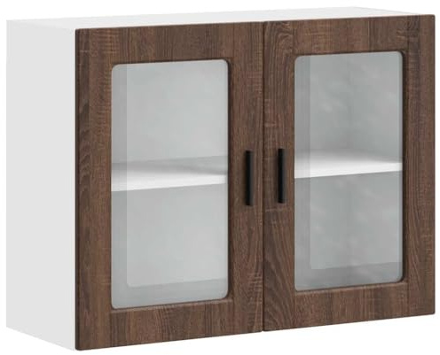 Fisinber Küchen-Hängeschrank Porto 80 x 31 x 60 cm Glasfront Braun Eichen-Optik Holzwerkstoff Wandmontage Wandschrank Küche Modernes Design für Esszimmer Flur und Küche