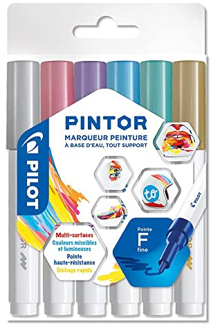 PILOT PINTOR Kreativmarker – 6 Stück in F – Metallicfarben – Farbmarker-Stifte für DIY-Projekte, für fast alle Oberflächen, schnell trocknend und gut deckend
