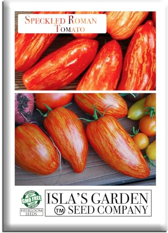 Speckled Roman Tomato Seeds (Lycopersicon lycopersicum) – 100+ Heirloom Non-GMO Seeds by Isla’s Garden Seeds, Striped Paste Roma Type, Meaty Low Seed Fruit, Indeterminate High Yield Variety, Gift Idea