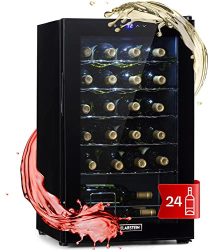 Klarstein Vinoteca, Nevera para Vinos con 1 Zona de Refrigeración, Botellero para Vinos, Cerveza, Prosecco, Expositor Interior y Exterior, Panel Táctil, 63 L., Vinoteca Capacidad 24 Botellas