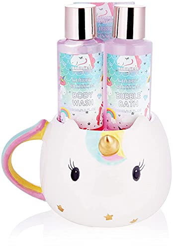 BRUBAKER Cosmetics 4-tlg. Einhorn Bade- und Dusch Set Cherry Blossom - Geschenkset mit Kirschblüten Duft in Einhorn Tasse