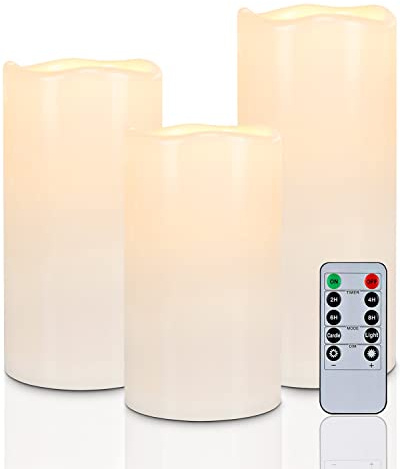 Homemory 6 8 10 x 4 Waterproof Outdoor Flameless Candles, Battery Operated Flickering LED Pillar Candles with Remote and Timers for Indoor, Plastic, Ivory White