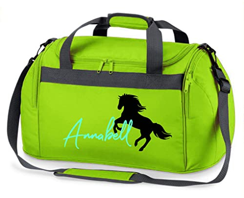 Reittasche mit Namensdruck personalisiert | Motiv aufsteigendes Pferd mit Name | Trage- und Sporttasche für Mädchen zum Reiten in vielen Farben verfügbar