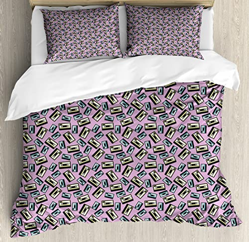 Ambesonne Retro Duvet Cover Sets, Aqua and Pale Yellow Audio Cassettes Irregular Repetition Music Themed, Bedding Set with 2 Duvet Covers & 2 Pillowcases, 2 Pack Twin Size, Lavender and Multicolor