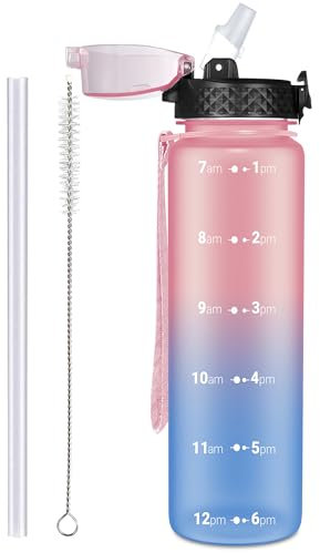 OLDLEY 1L/32oz Sports Water Bottle with Straw, 1000ml Motivational Drinks Bottle with Time Markings Leak Proof Drink & Lock Cover, BPA Free for Gym School Cycling Running Hiking
