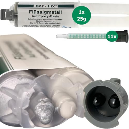Ber-Fix 2K Flüssigmetall 25g + 11 Spitzen, hitzebeständig bis 120°C, starker Metallkleber & Metallspachtel, ideal für Metallreparaturen, schnelles Aushärten, vielseitig einsetzbar