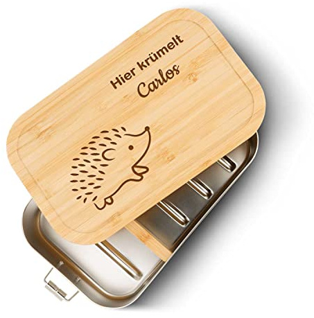 GRAVURZEILE Brotdose aus Edelstahl mit graviertem Bambusholzdeckel - Lunchbox mit Igel Motiv - Personalisiert mit Name - Nachhaltiges Geschenk zum Schulanfang - Größe: Groß