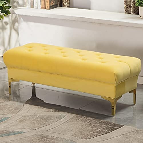 Gepolsterte Aufbewahrungsbank mit goldenen Beinen, Bettbank für Schlafzimmer, Eingangsbereich, Schminktisch, Wohnzimmer, Samtaufbewahrung, Gelb, 60 x 45 x 45 cm