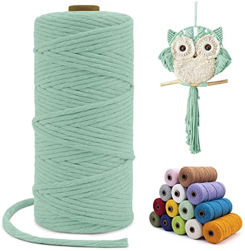 LEREATI Macrame Cord 3mm x 100m, Single Strand Thick Macrame Rope Yarn Natural Cotton Cord, Craft Macrame String for Plant Hanger, Wall Hanging, Knitting, DIY, Home Decorations (Mint Green)