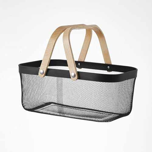 Eden & Willow Mesh Wire Metal Storage Basket with Wooden Handle - Versatile Organiser for Kitchen, Bathroom, Office - Stackable & Durable (Black, Large)