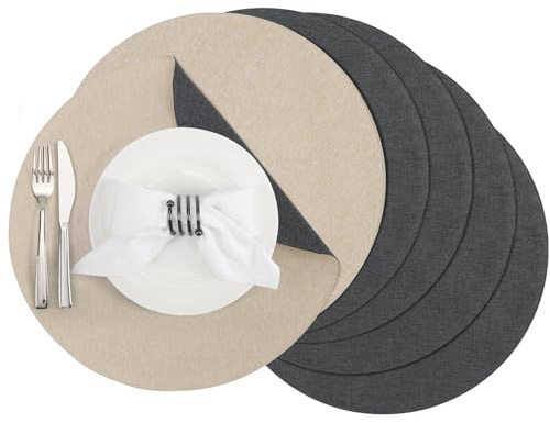 Banchif Tischsets abwaschbar doppelseitig Platzset Platzdecken abwaschbar | Platzsets abwaschbar Rund 6er Set doppelseitige Tischsets Leinenimitat maschinenwaschbar Platzdecken (Grau-Beige)