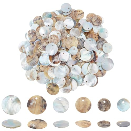 PH PandaHall 240 Stück 3 Stile 10/12/15mm Natürliche Muschelperlen Flachen Runden Perlmuttperlen Muschel Perlen Muschel Münzen Anhänger Perlen Zum Basteln Heimdekoration Schmuck Selber Machen