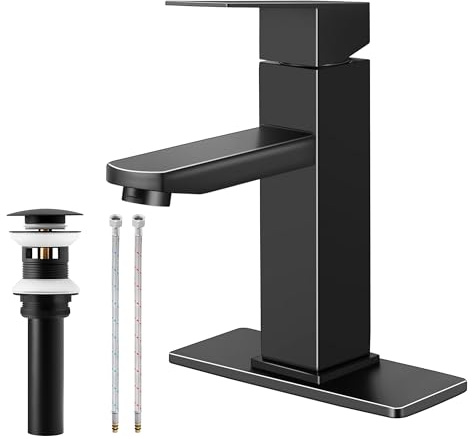 Herogo Black Bathroom Faucet, Stainless Steel Modern Bathroom Sink Faucets with Pop-up Sink Drain & Deck Plate 1 or 3 Hole, Single Handle RV Washbasin Lavatory Faucet with 2 Water Hoses