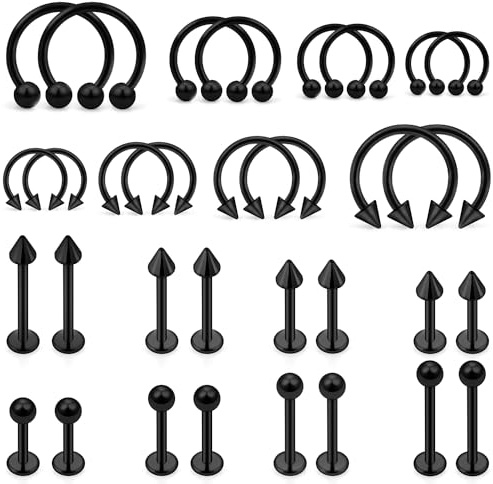 Ovxznts 32PCS 16G Lip Rings Surgical Steel Snake Bite Jewelry Labret Jewelry Monroe Lip Barbell Ring Daith Tragus Helix Piercing Jewelry for Women Men 6mm/8mm/10mm/12mm Black