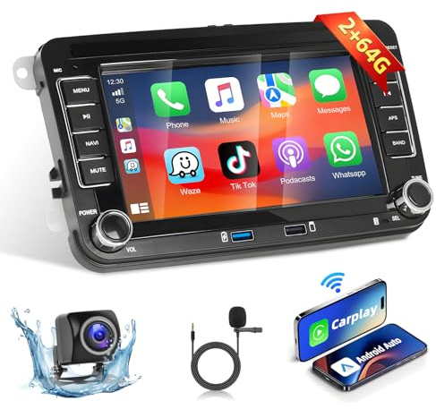 Podofo 2-DIN Autoradio für VW Altea Golf 5 6 Toledo Leon Passat Jatta Caddy Skoda Touran mit IOS Carplay, 7'' Android Auto Radio 2+64G GPS WLAN Bluetooth HiFi EQ FM/RDS+AHD Rückfahrkamera, Mikrofon