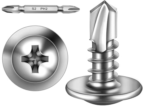300 Stück Blechschrauben 4,2 x 13 mm Selbstschneidende Schrauben Edelstahl Flachkopf mit Scheibe und Kreuzschlitz Schraubendreher Bit