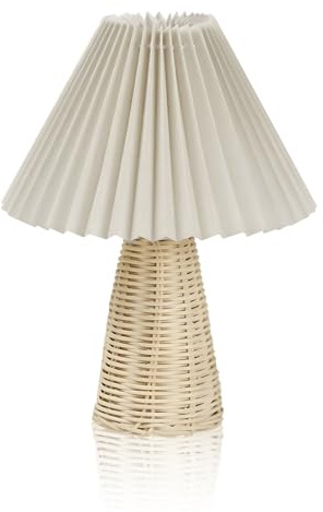 Buachois Rattan Pleated Lamp, Wicker Table Lamp Bedside Night Lamp with Base, Vintage Style Soft Warm Paper LED Nightstand Lamp for Bedroom Dining Living Room Patio Decoration