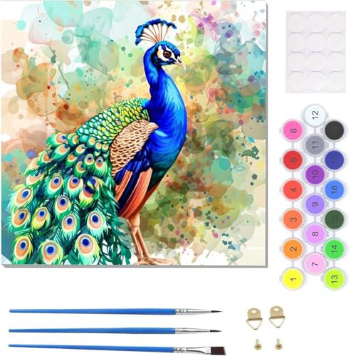 Malen Nach Zahlen Erwachsene Pfau Tier, Paint by Numbers Malen Nach Zahlen, Handgemalt Ölgemälde Kit für Anfänger Erwachsene Mit 3-Pinseln und Acrylfarbe, für Home Decor (mit Rahmen) 40x40cm U-4857