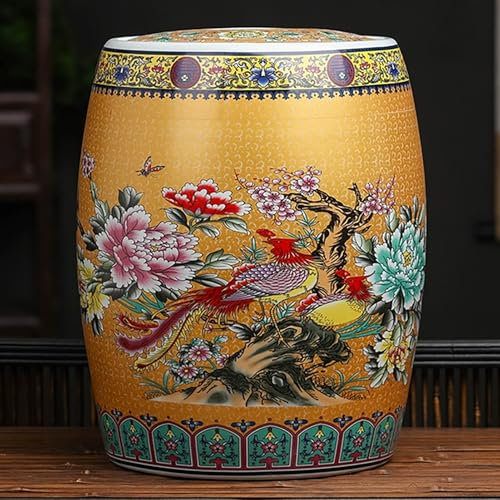 EKDJSN Chinese Ceramic Rice Bucket, Large Caliber Rice Container, Food Storage Container with Lid, Sealed Rice Storage Jar, Kitchen Grain Dispenser, for Rice, Corn, Flour(Gold,10kg)