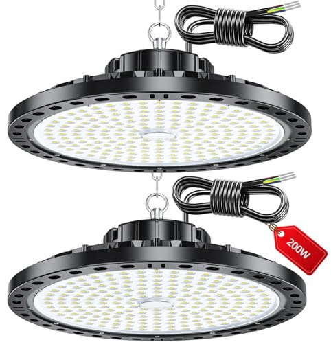 LAMLAMCK UFO Focos LED Techo - 2 Piezas 200W 20000LM Lampara Industrial Techo con Transformador LED, IP65 Impermeable 6500k Blanco Frío Luces de Garaje para Garaje, Fábrica, Taller, Granero, Tienda