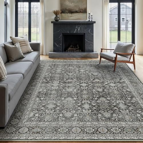 HUGEAR Vintage Rugs Living Room Black Large Area Rug 200x300cm Non Slip Washable Hall Lounge Bedroom Kitchen Office Dining Room Indoor Carpet Low Pile Big Carpets