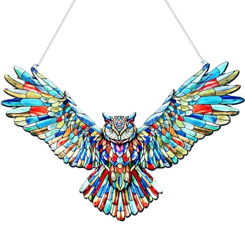 Stained Glass Owl Window Hanging, Multicolored Flying Bird Suncatcher with Chain