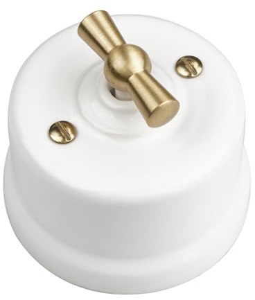 LaMorell LightDesign - Interruttore/Deviatore In Porcellana Bianca Comando Asola In Metallo Ottone Satinato ø65mm