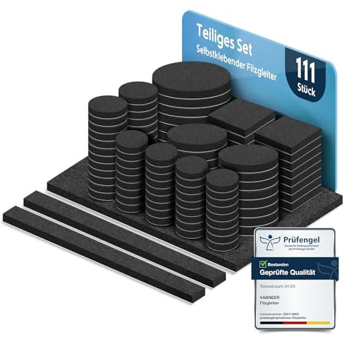 VABNEER ​​Feltrini sedie autoadesivi - 111 pezzi EXTRA RESISTENTI da 5mm per proteggere pavimenti e mobili - Rotondi/quadrati, ammortizzatori premium antirumore e antigraffio​ (nero)