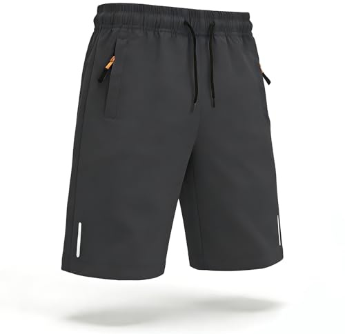 Himcus Boys PE Shorts Kids Football Sports Quick-Dry Gym Activewear Running Shorts with Drawstring,Zip Pockets(Tag 140,Grey,7-8Y)