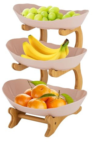 KigerNee Frutero de bambú de 3 niveles y polipropileno apto para alimentos (beige) – Frutero con base antideslizante, apilable y ahorra espacio para cocina/buffet/fiesta; higiénico y fácil de limpiar