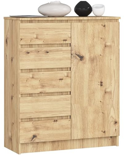 AKORD Kommode K80 mit 5 Schubladen, Schrank mit 1 Tür 3 Regalböden, Für das Wohnzimmer Schlafzimmer, Moderne, 16mm Laminierte Platte, B80xH97xT35 cm, Farbe Artisan-Eiche & Artisan-Eiche