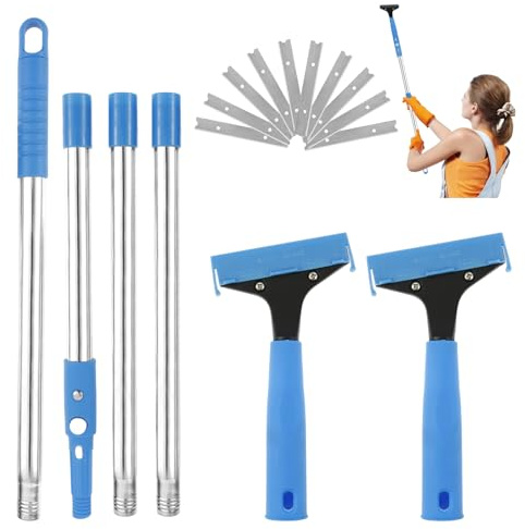 2 stycken tapetborttagare med avtagbar teleskopstång, 21–180 cm, glasskrapa, fönster med 10 ersättningsblad, rostfritt stål, keramikhällskrapa för rengöring av väggar, golv, fönster, kakel