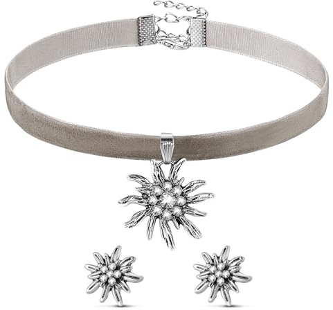 Sinmoe 3 Stück Trachtenschmuck Set Bayerisch Bierfest Dirndlschmuck Elegante Trachtenkette mit Ohrstecker Edelweiß Halskette Samt Kropfband für Damen Bierfest Trachten Dirndl Accessoires(Hellgrau)
