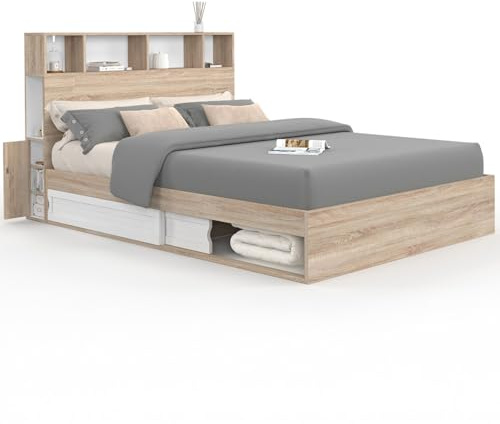 IDMarket - Lit Double Clem avec rangements + tête de lit et sommier 140 x 190 cm hêtre et Blanc