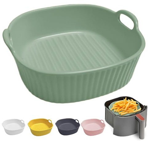 Rund Auflaufform Keramik, Auflaufform für Heißluftfritteuse 17.5 x 16 x 5.5cm, Lasagneform Auflaufformen, Bunt Glasiertes Backform Rund, für Lasagne, Pommes Frites, Suppe (Grün)