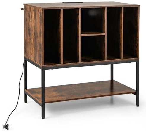 COSTWAY Support Tourne-Disque avec Prise, Rangement Platine Vinyle avec Étagères, 6 Compartiments, Rangement CD/Album/Disque, Meuble Bibliothèque pour Manga (Marron Rustique)
