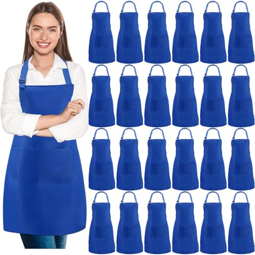 Incisite 24 Pcs Bib Apron, Adjustable Blank Apron, Unisex Aprons Bulk, Blue Plain Bib Aprons with 2 Pockets for Adults Kitchen Cooking BBQ Grilling Baking, Machine Washable, Blue, 60.5 x 71 cm