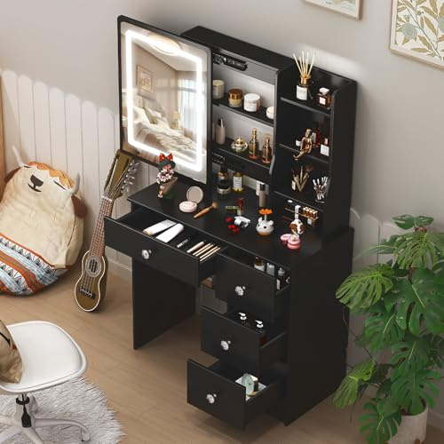 Vescence Schminktisch mit LED Spiegel & Beleuchtung 4 Schubladen, Schiebeschirm mit Ablagefächern, Schwarz Frisiertisch mit Spiegel Mädchen, Kompakt 80 cm breit Modern Klein