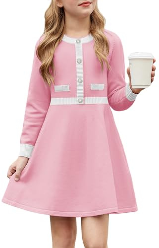 Arshiner Ragazze Abiti Invernale Calda A-Line Elegante Festa Collo Rotondo Maniche Lunghe Vestito per Bambine 8-9 Anni Rosa