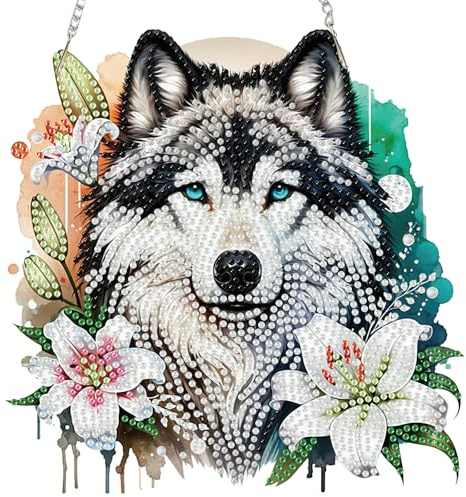 MISCER Wolf Diamond Art painting Anhänger Windspiel, Lilien Diamond Painting Anhänger mit Kette für Kinder Erwachsene, Hängende Ornament Bastelset Set für Tür Garten Wand Deko