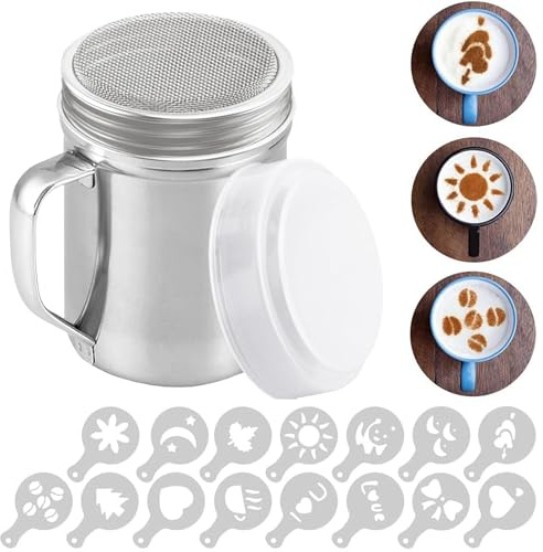 Powder Shaker, Stainless Steel Chocolate Powder with Fine Mesh, Sieve Sifter Icing Sugar Duster with Handle and Lid with 16 Moulds for Cappuccino Cocoa Creams Coffee Spice