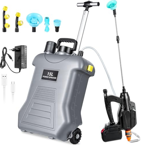 15L Pulverizador Electrico con Carro,Pulverizador Jardín Compatible Baterías Makita 18V,Mochila Pulverizadora,Pulverizadora Bateria con 5 Boquillas,3 Velocidad Ajustable, 3.0Ah Bateria,Telescópica